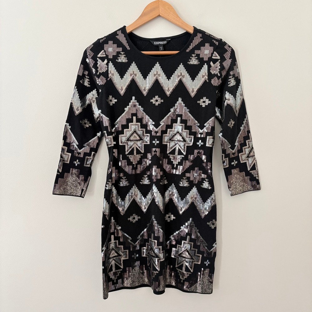 Express Dress Bodycon S Black Sequin Geometric Tribal Mini 3/4 Sleeve Party Glam